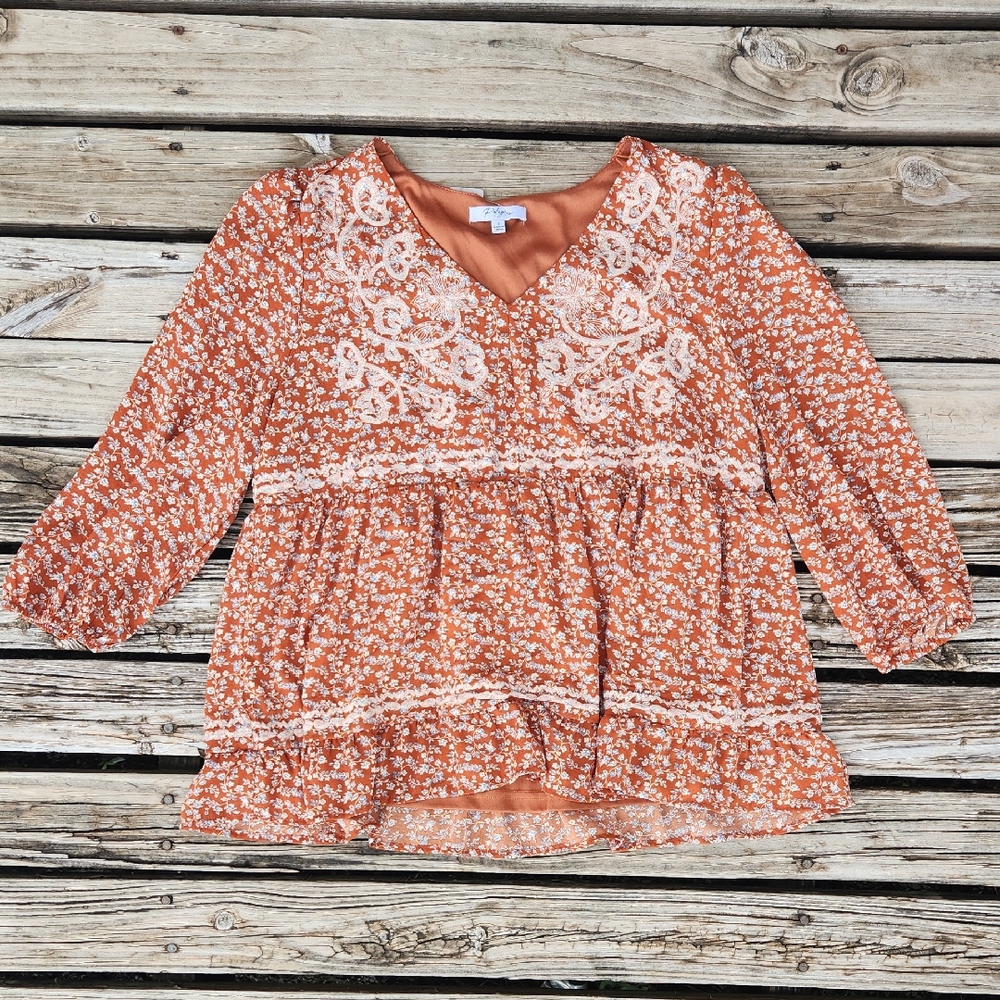 Polagram Orange Floral Blouse Blue Embroiderwd Boho Small Boutique